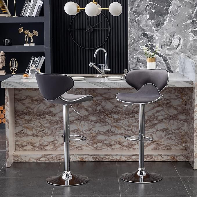 Roundhill Furniture Masaccio Velvet Upholstered Adjustable Swivel Barstool, Set of 2, Gray