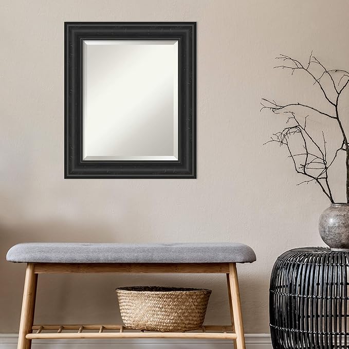 Amanti Art Black Bathroom Mirror for Over Sink, 26x22 Shipwreck Black Rectangle Vanity Mirror, Small Rustic Farmhouse Frame, Hangs Horizonally and Vertically, Bathroom Wall Decor, Beveled Edge