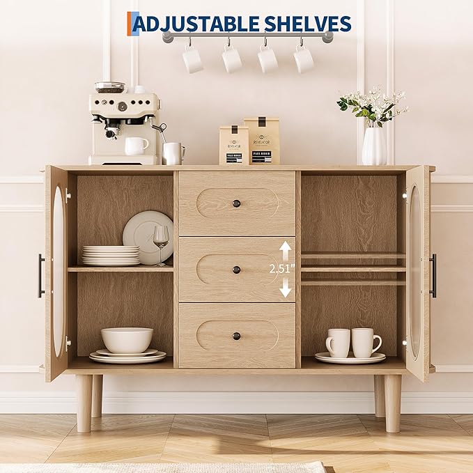 GarveeHome 47.2" Sideboard Buffet Cabinet with 2 Fluted Glass Doors & 3 Drawers, Modern Farmhouse Accent Coffee Bar with Adjustable Shelves for Kitchen, Living Room, Hallway, Natural