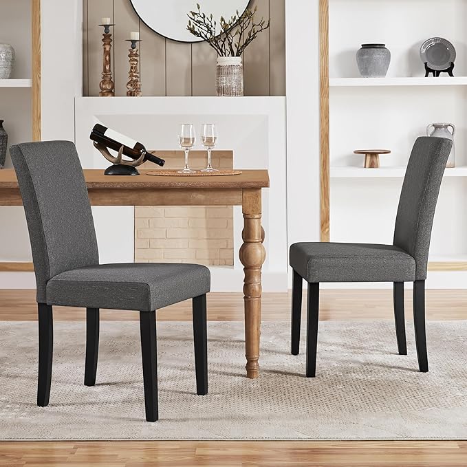 Yaheetech Dining Chairs Set of 2 Fabric Upholstered Parson Kitchen Chairs with Padded Seat and Solid Wood Legs for Dining Room/Restaurant, Dark Gray