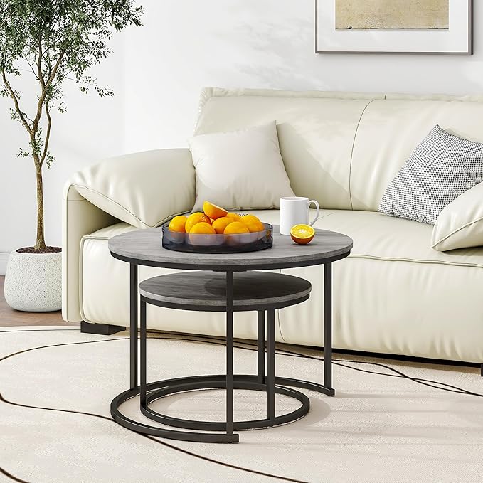 Nesting Round Coffee Table Set of 2 End Tables for Living Room,Grey Coffee Table Wooden Accent Furniture with Metal Frame,Stacking Side Tables,Black+Warm Grey