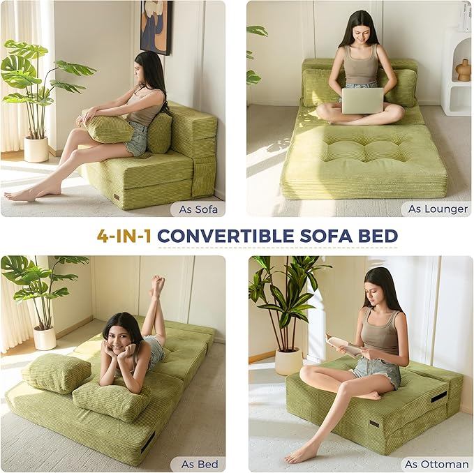 MAXYOYO Convertible Sofa Bed, Fold Out Loveseat Sleeper Sofa with Pillow, 4 in 1 Tufted Folding Couch Bed Foam Floor Couch, Lazy Chair for Living Room Bedroom Guest Room, Green