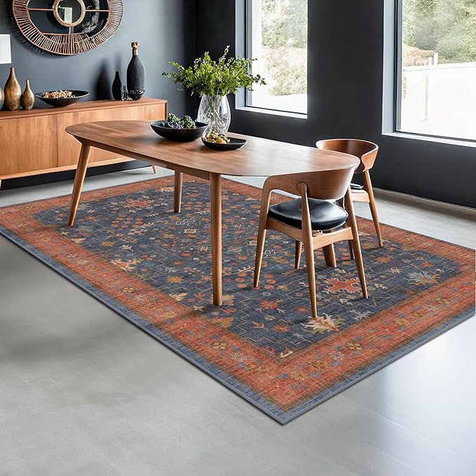 Navy Blue Area Rug 5x7 Living Room Rug - Machine Washable Rugs for Bedroom, Dining Room, Kitchen Floor, Small Office, Low Pile Non-Slip Rubber Backing & Stain Resistance
