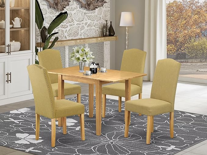 East West Furniture NDEN5-OAK-08 5 Piece Dining Set Includes a Rectangle Dining Room Table with Dropleaf and 4 Linen Fabric Parson Chairs, 30x48 Inch, Oak