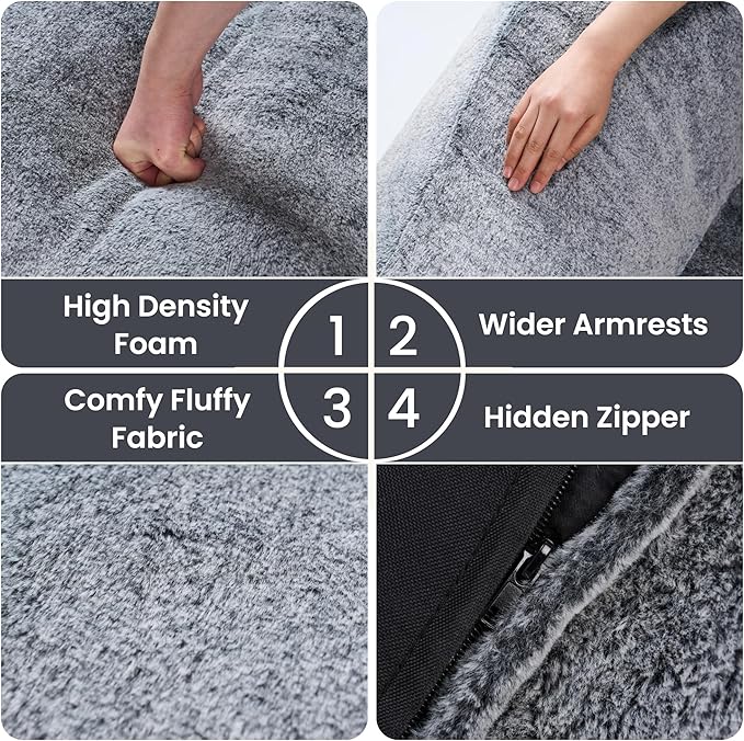 Bean Bag Chairs for Adults, Giant Beanbag Sofa Comfy Reading Chair, Oversized Bean Bag Chairs for Living Room Bedroom, Soft Faux Fur Fabric, 3.2FT, Dark Grey, Plush