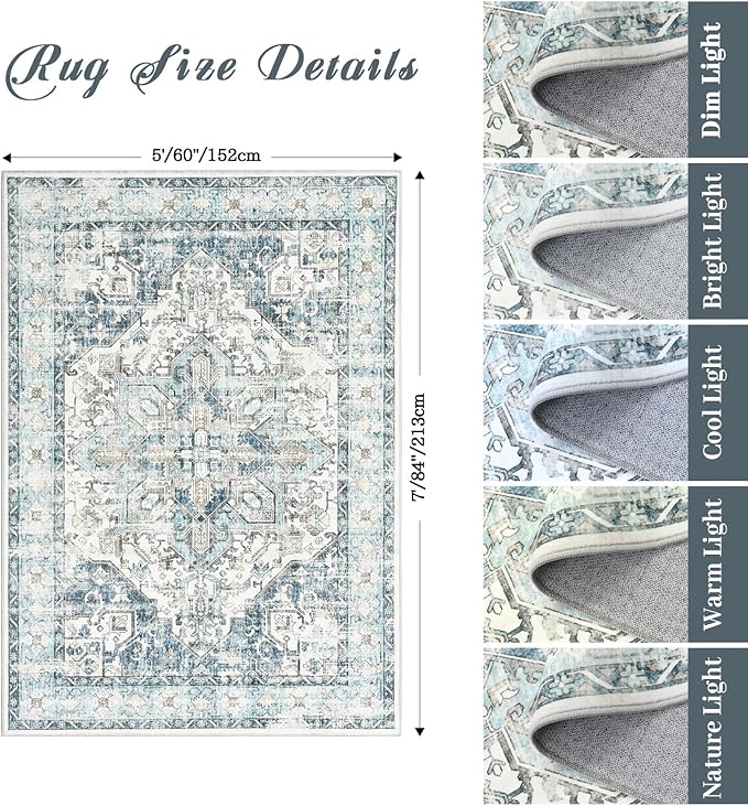zesthome 5x7 Washable Rug-Stain Resistant Area Rugs for Living Room, Ultra-Thin Vintage Rugs, Non-Slip Backing Rug, Low Pile Large Area Rug, Boho Home Decor