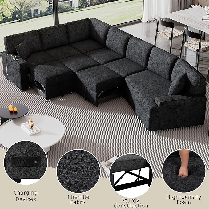 126" Extra Large Pull-Out Sofa Bed with Drop-Down Cup Holder Tables,L-Shaped Sectional Couch W/Charging Device,Convenient Sleeper Furniture Set for LivingRoom Apartment,Beige Chenille