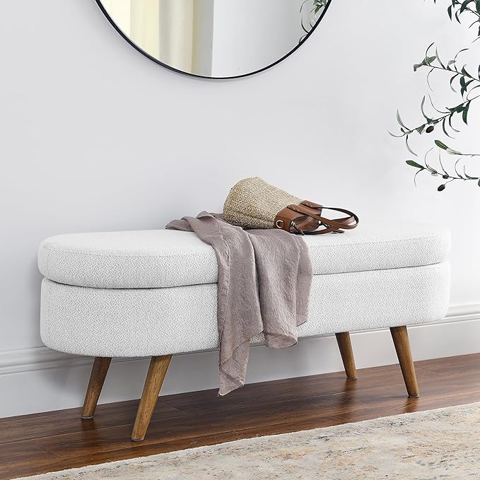 Oval Storage Bench 43.5" Linen Fabric Upholstered Entryway Bench with Solid Wood Legs Ottoman Bench Indoor Bench for Living Room/Bedroom/End of Bed/Entryway (White)