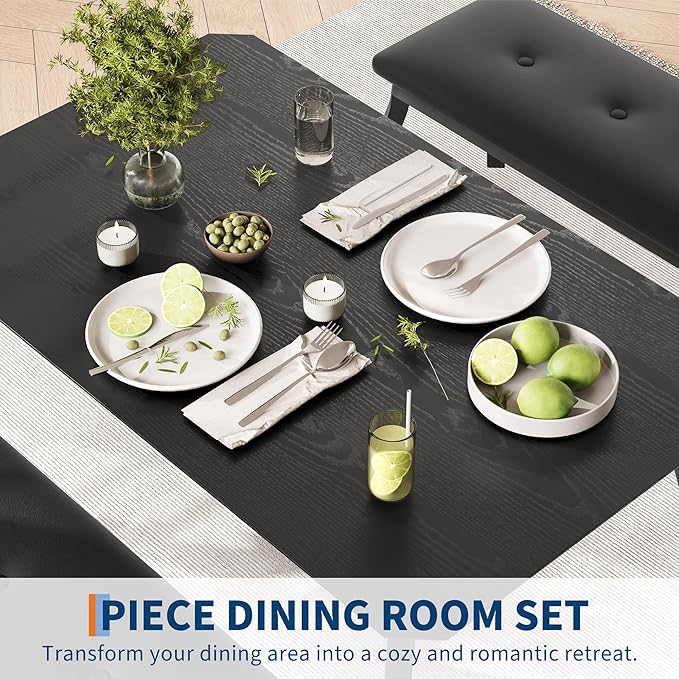 3 Piece Farmhouse Dining Table Set for 4, Compact Rustic Kitchen Table with 2 Padded Benches, Space Saving Breakfast Nook Furniture Set for Small Spaces, Apartments, Black