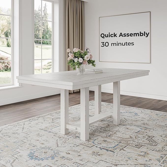 Signature Design by Ashley Robbinsdale Farmhouse Distressed Counter Height Dining Extension Table with Trestle Base, Planked Effect and 2 Removable End Leaves, White