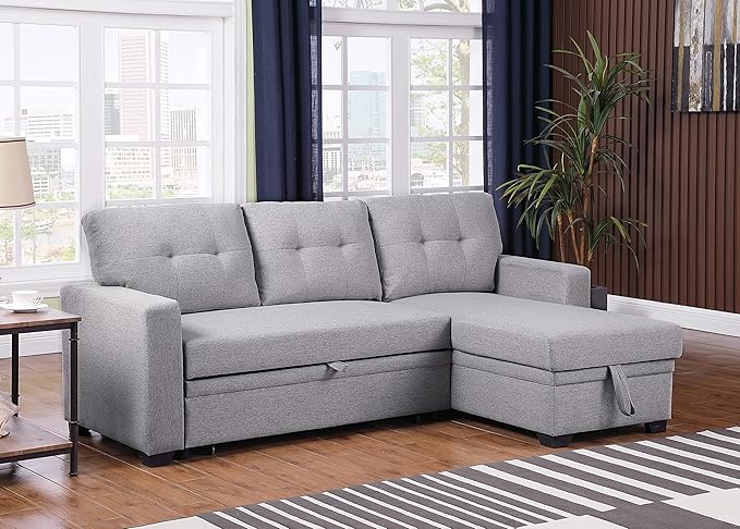 Devion Furniture Meridian 4-in-1 Convertible L Shaped Couch with Pull Out Bed and Storage, Sectional Sleeper Sofa with Reversible Chaise for Living Room, Apartment, Bedroom, Office