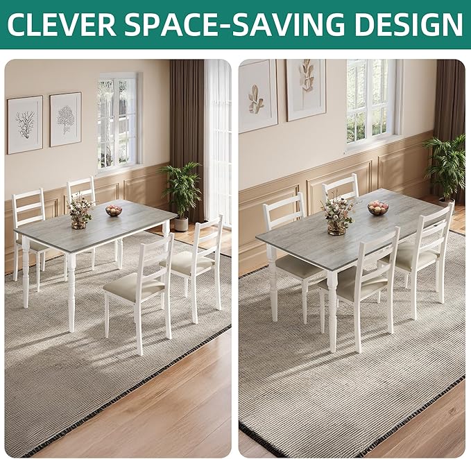 DWVO 5-Piece Dining Table Set for 4, Kitchen Dining Room Table with Upholstered Chairs, Faux Leather Cushions, Modern Rectangular Dinner Table Set for Small Spaces & Apartment, White Grey
