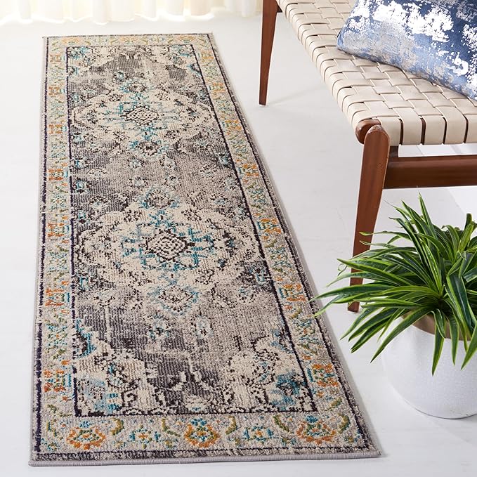 SAFAVIEH Monaco Collection Runner Rug - 2'2" x 10', Grey & Light Blue, Boho Chic Medallion Distressed Design, Non-Shedding & Easy Care, Ideal for High Traffic Areas in Living Room, Bedroom (MNC243G)