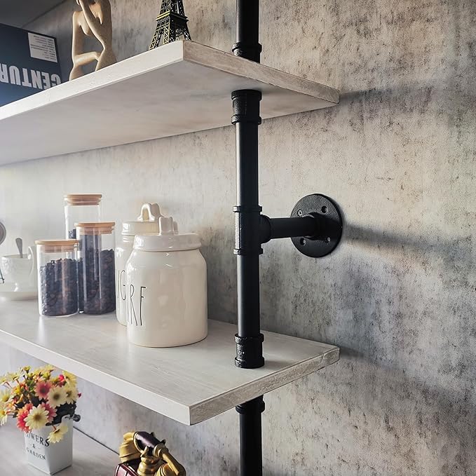 Pipe Industrial Ladder Shelves Bookcase, Wall Mounted Retro Wood Metal Pipe Rustic Bookshelf (White, 5 Tier - 10" D x 48" W x 70" H)