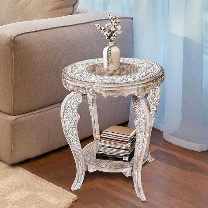 The Wooden Town Farmhouse Round Accent End Table,Rustic Side Table Nightstands for Living Room Bedroom,Coffee Tables,Wood Tray Top,Handcrafted Finish, 18"x22" - White Wash