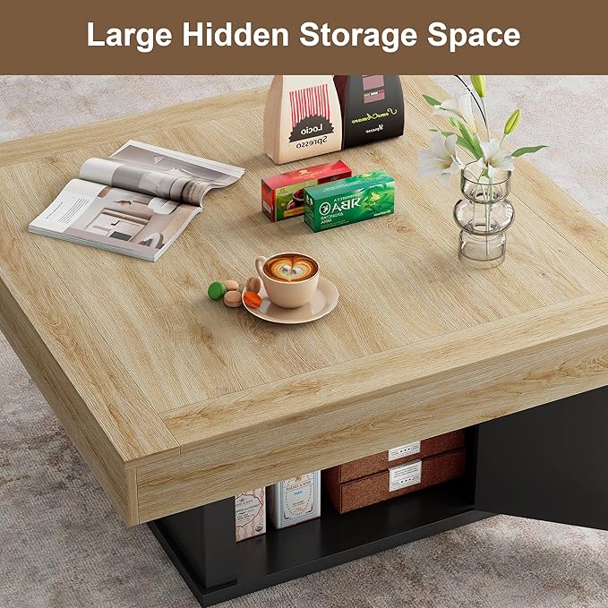 LED Coffee Tables for Living Room, Farmhouse Wood Coffee Table, 33.5" Square Coffee Table with Storage, Large Vintage Brown Center Table, Living Room Tables Cocktail Table (Natural)
