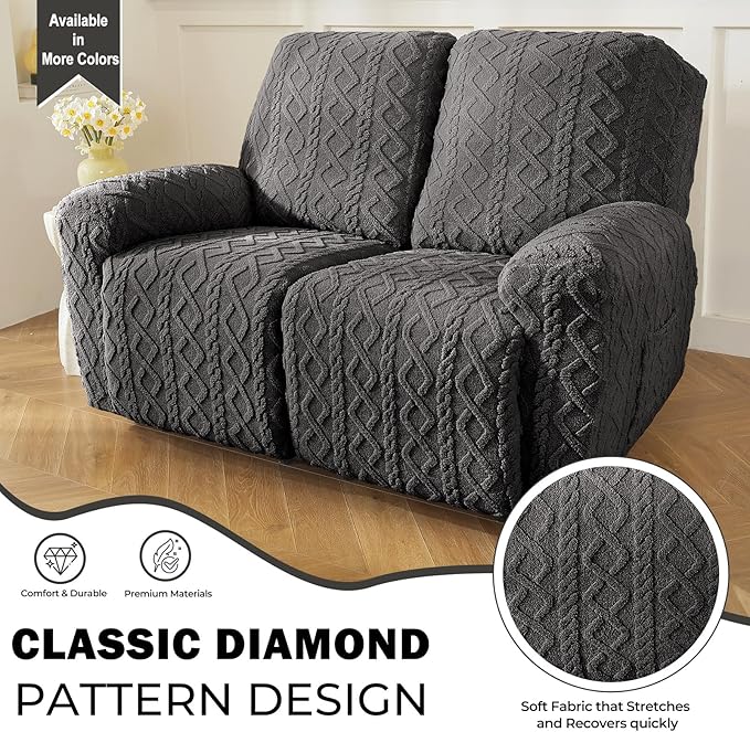 vctops 6 Pieces Geometric Jacquard Plush Recliner Loveseat Slipcovers Soft Fuzzy Fluffy Sofa Couch Cover Anti-Slip Furniture Protector with Elastic Bottom for Kids Cats Dogs(Dark Grey,2 Seat)