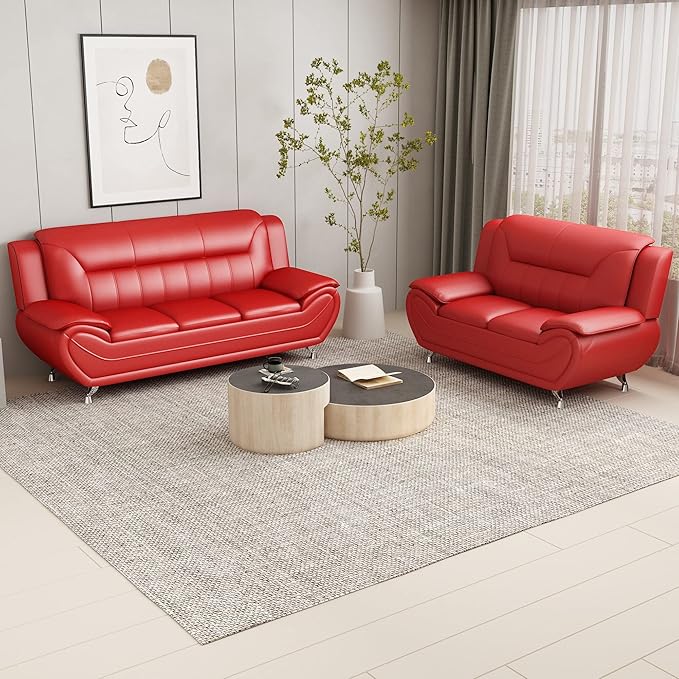 Container Furniture Direct Michael Modern Faux Leather Upholstered Stainless Steel Legs Living Room Sofa, Loveseat, Red
