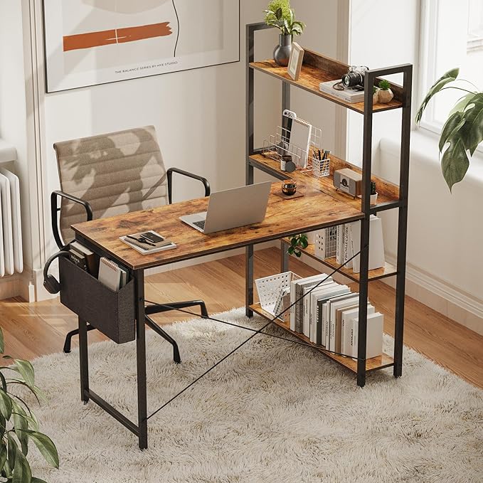 Treesland 55 Inch Computer Desk with Storage Shelves, L Shaped Desk with Storage, Corner Desk with Shelves, Home Office Desks, Bookshelf Desk, Writing Study Desk for Bedroom, Brown
