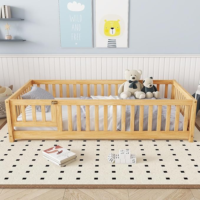 Twin Floor Bed Frame with Slats and Safety Guardrail, Wood Twin Size Montessori Floor Bed with Door and Fence, Easy Assemble Montessori Beds for Kids, Girls, Boys, Natural