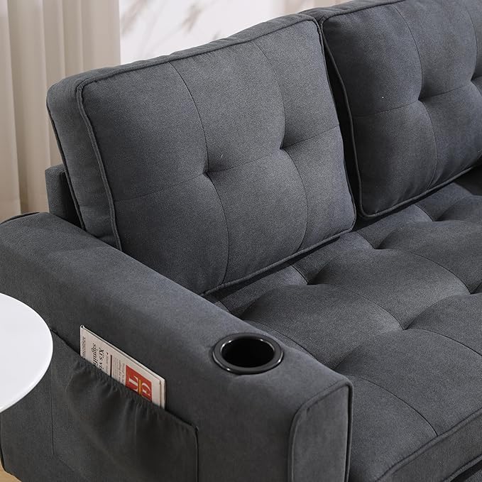ERYE 3 Fold Tufted Upholstered Futon Sofa Bed Modern Convertible Foldable Floor Loveseat Sofabed with Pull Out Sleeper Couch Daybed W/Cupholders and Pockets for Living Room