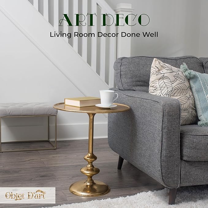OBJET D'ART Small Round Gold End Table, Rachel, 23" Height, Vintage Metal Accent, Side, Pedestal, Coctail and Drink Tables for Living Room and Small Spaces