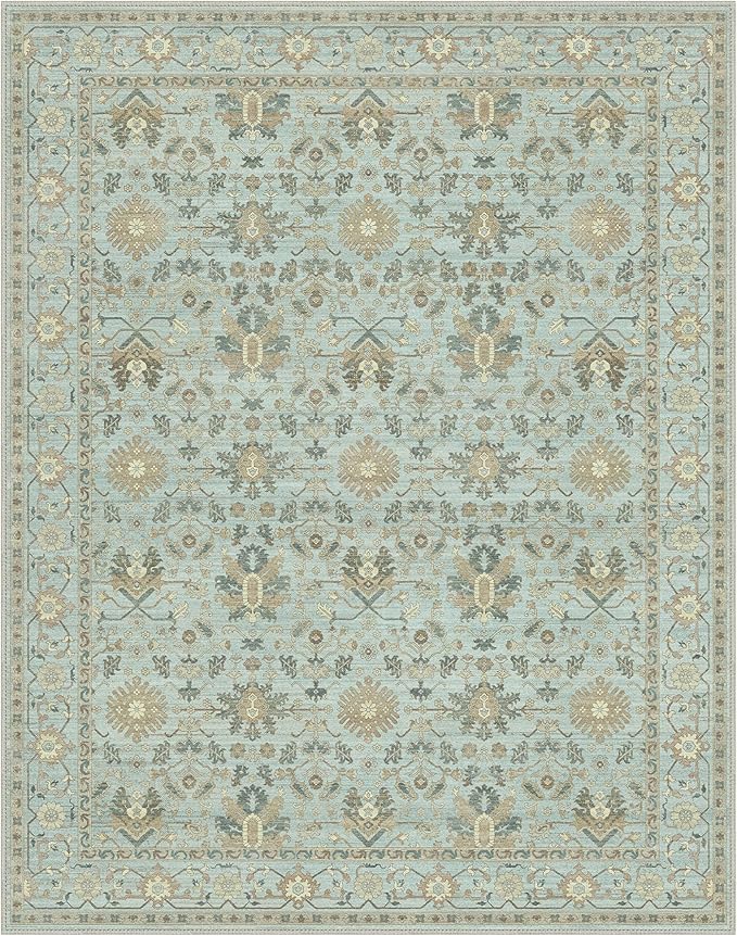 8X10 Area Rugs Machine Washable Runner Rugs for Living Room Bedroom Hallway, Non Slip Indoor Soft Accent Distressed Boho Vintage Print Lightweight Thin Low Pile Carpet, Misty Blue