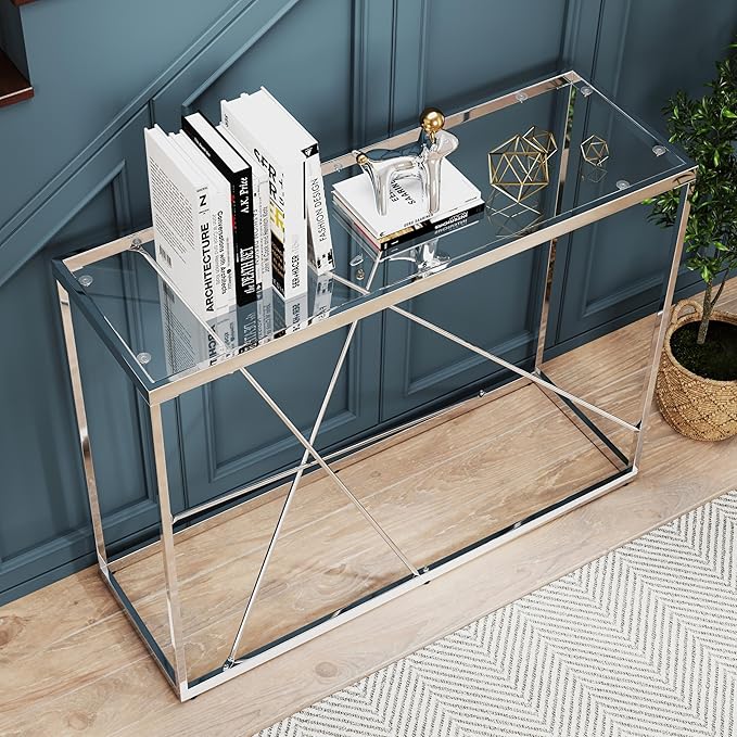 OIOG Glass Console Table for Entryway, Modern Sofa Table with Temperes Glass Tabletop and Chrome Frame, Silver Entryway Table for Living Room, Hallway, Dining Room, Home Office