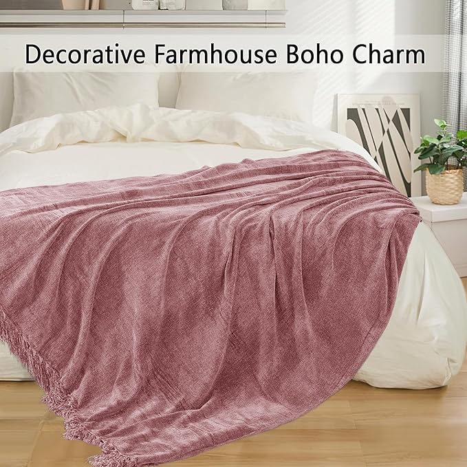 Chenille Throw Blanket for Couch 50"X 60", Soft Cozy Throws with Fringe Tassel for Bed Sofa Chair Cover, Lightweight Knitted Decorative Boho Blankets for Living Room, Mauve