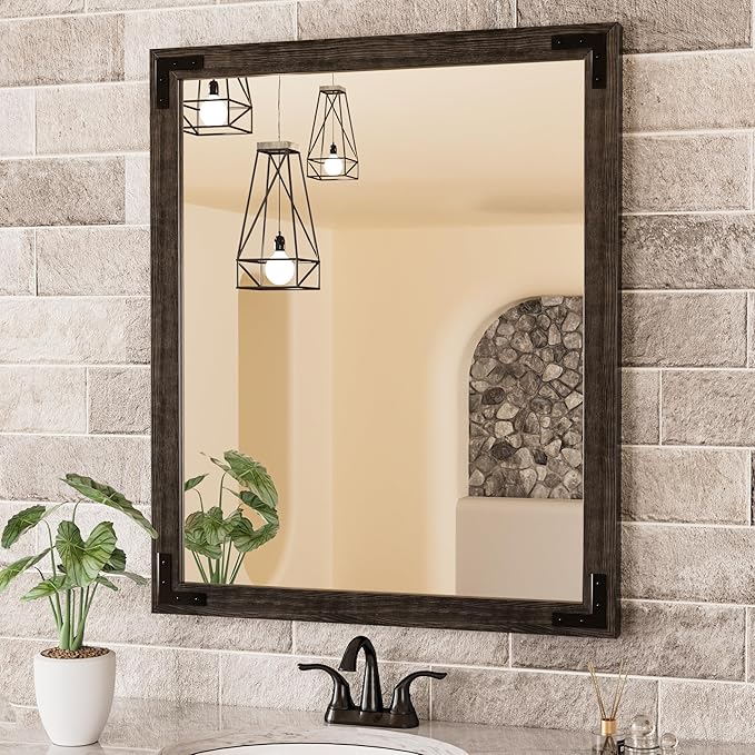 TETOTE 30 x 36 Black Wooden Mirror for Bathroom Wall/Bedroom/Living Room/Entryway Farmhouse Rustic Bathroom Vanity Mirror for Over Sink Waterproof (Horizontal/Vertical Mounted)