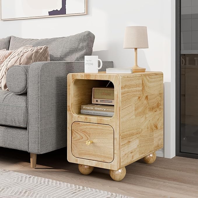 Solid Wood Night Stand, Narrow Nightstand with Drawers, Natural Mid Century Modern Nightstand, Small Beside Table with Open Storage Shelf for Bedroom (10 inch)