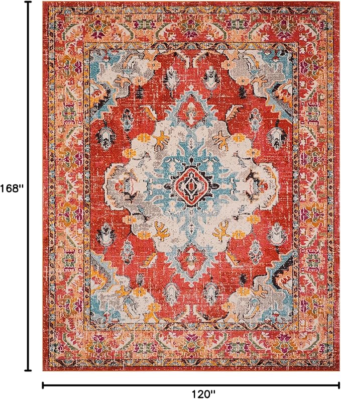 SAFAVIEH Monaco Collection Area Rug - 10' x 14', Orange & Light Blue, Boho Chic Medallion Distressed Design, Non-Shedding & Easy Care, Ideal for High Traffic Areas in Living Room, Bedroom (MNC243H)