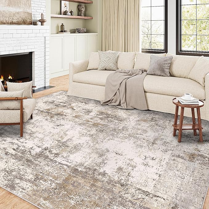 9x12 Washable Area Rug Brown Grey Neutral Abstract Living Room Bedroom Large Throw Rug Non Slip Soft Low Pile Indoor Floor Carpet for Dining Room Kitchen Office Entryway