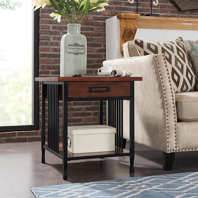 Leick Home Ironcraft Coffee Table, Solid Wood, 2 Drawers, 1 Display Shelf, Mission Oak, Black Steel, Easy Assembly, 46 in L x 22 in W x 20 in H, 11262