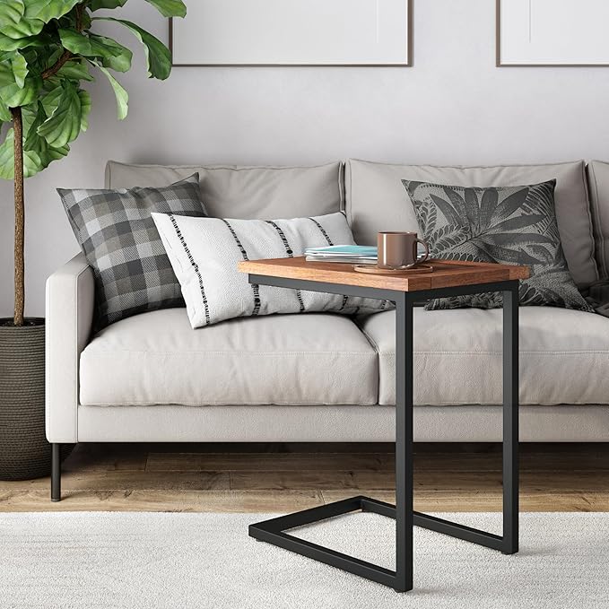 SIMPLIHOME Skyler 16-inch Wide Solid Mango/Metal Industrial C-Shaped End Table in Dark Cognac Brown/Black for Living Room, Office, or Bedroom, Assembled