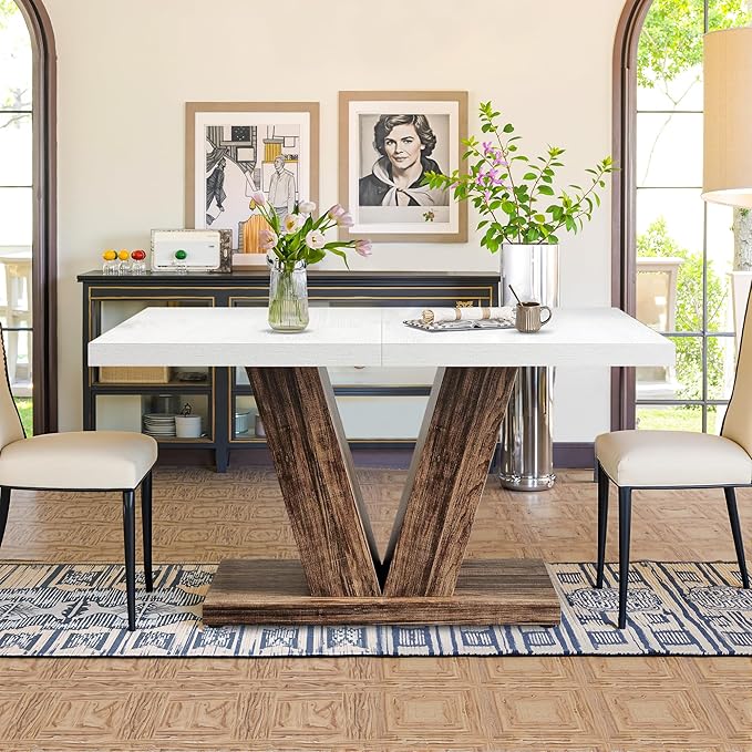 47 Inch Dining Table for 4, Farmhouse Dinner Table Wooden Kitchen Tables with Heavy Duty Pedestal for Dining Room, Kitchen, Living Room, White & Black