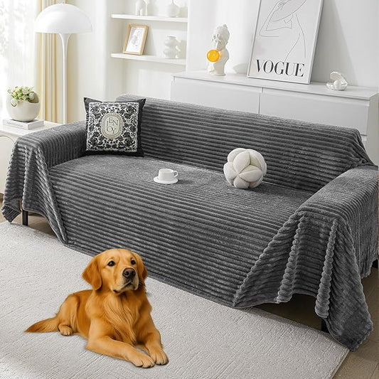 HAOMAIJIA Faux Fur Sofa Covers Couch Covers for 3 Cushion Couch Sofa Pet Friendly Soft Non Slip Couch Cover for Dogs Washable Sectional Couch Covers L Shape Furniture Protector (Grey, 91"x134")