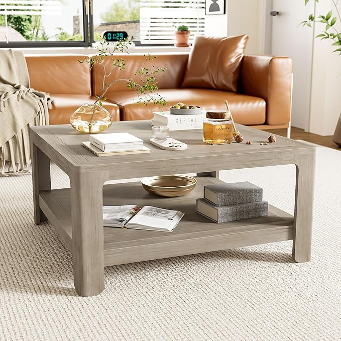 Christopher Knight Home Doran Small Coffee Table with Storage, Modern MDF Square Side Table, Multifunctional Accent Table with Spacious 2-tier Design, Semi-open Design Indoor Furniture, Light Grey Ash
