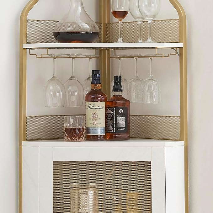 GAOMON Corner Bar Cabinet with Glass Holder, Industrial Wine Cabinet with Adjustble Shelf, 5-Tiers Liquor Cabinet Bar Cabinet for Home, Corner Display Cabinet for Small Space, Faux Marble