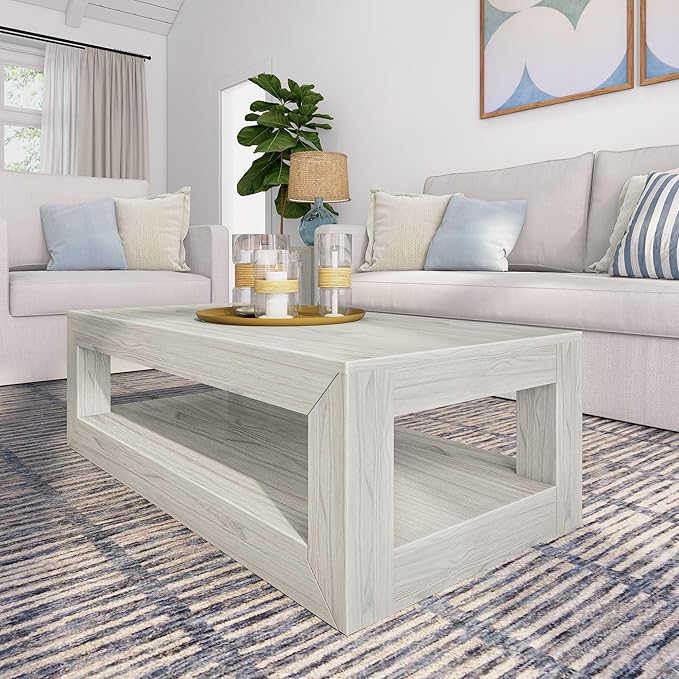 Plank+Beam 40" Modern Rectangular Coffee Table with Shelf, Solid Wood Center Table with Storage, 2 Tier Tea Table for Living Room, White Sand Wirebrush