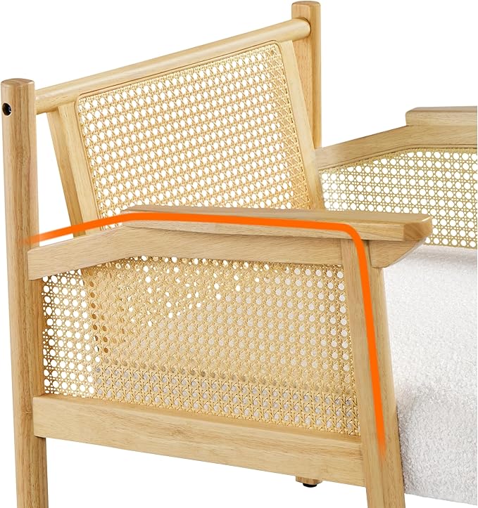 Yaheetech Accent Chair, Boucle Vanity Chair with Rattan Back Arms, Mid Century Chair Upholstered Living Room Chair Lounge Chair Bedroom Balcony White