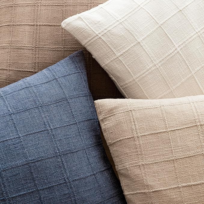 Foindtower Set of 2 Decorative Linen Check Throw Pillow Covers Neutral Long Body Lumbar Cushion Covers Farmhouse Vintage Home Decor for Sofa Chair Couch Bedroom Living Room Outdoor,14×36 Inch,Blue