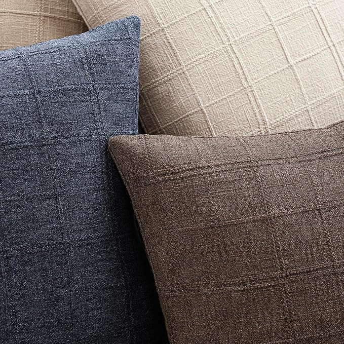 Foindtower Set of 2 Decorative Linen Check Throw Pillow Covers Neutral Farmhouse Vintage Cushion Covers Modern Boho Home Decor for Sofa Chair Couch Bedroom Living Room Outdoor,20×20 Inch,Dark Brown