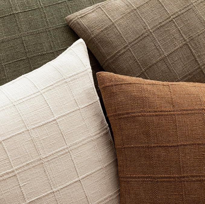Foindtower Set of 2 Decorative Linen Check Throw Pillow Covers Neutral Farmhouse Vintage Cushion Covers Modern Boho Home Decor for Sofa Chair Couch Bedroom Living Room Outdoor,16×16 Inch,Light Brown