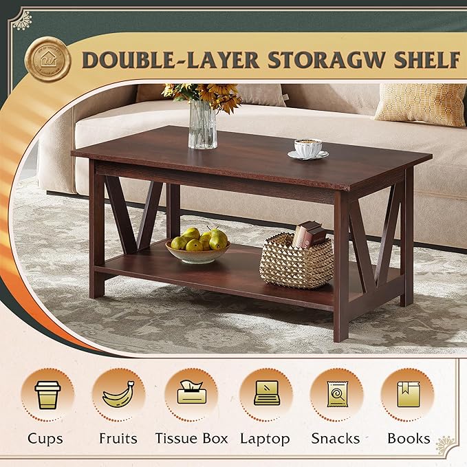 WLIVE Coffee Table with Storage Shelf, 39.4" Farmhouse Coffee Table with V-Frame Support, 2-Tier Wood Rustic Center Table for Living Room, Bedroom & Balcony, Espresso