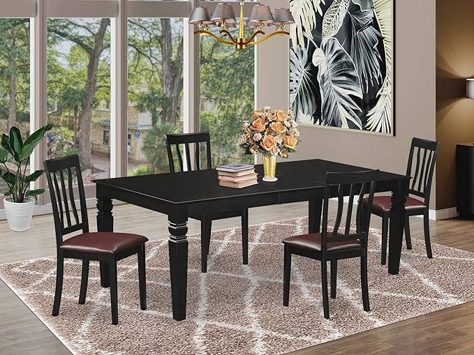 East West Furniture LGAN5-BLK-LC 5 Piece Dining Room Table Set Includes a Rectangle Wooden Table with Butterfly Leaf and 4 Faux Leather Kitchen Dining Chairs, 42x84 Inch, Black