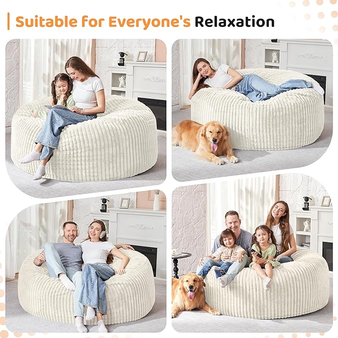 HABUTWAY 3FT Bean Bag Chair, 3' Large Bean Bag Chairs for Adults with Removable Stripe Plush Cover, Memory Foam Beanbag Chair for Living Room Bedroom Dorm (White)