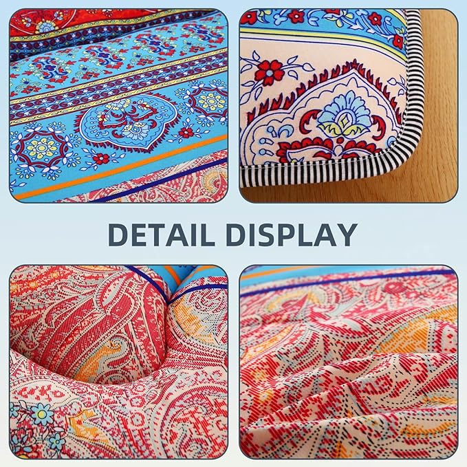 Bohemian Retro Japanese Floor Mattress, Vintage Floral Tatami Floor Mat, Portable Roll up Futon Mattress for Guest,Tavel (C,Queen80 X 60")