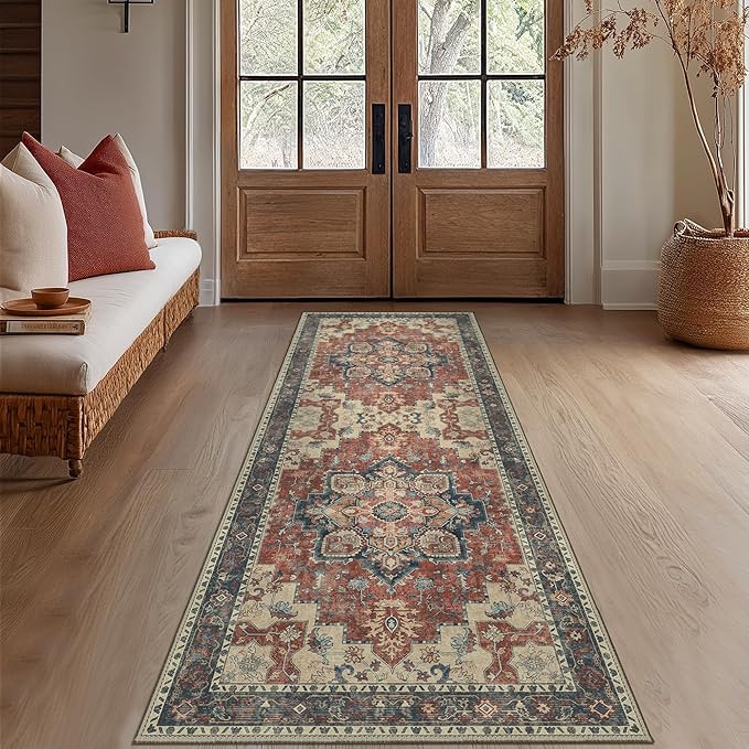GENIMO 2'6''x10 Runner Rugs for Hallway, Machine Washable Non Slip Vintage Rugs, Low Pile Lightweight Soft Print Rug for enrtyway, Corridor, Home Office, Kitchen, Bordeaux