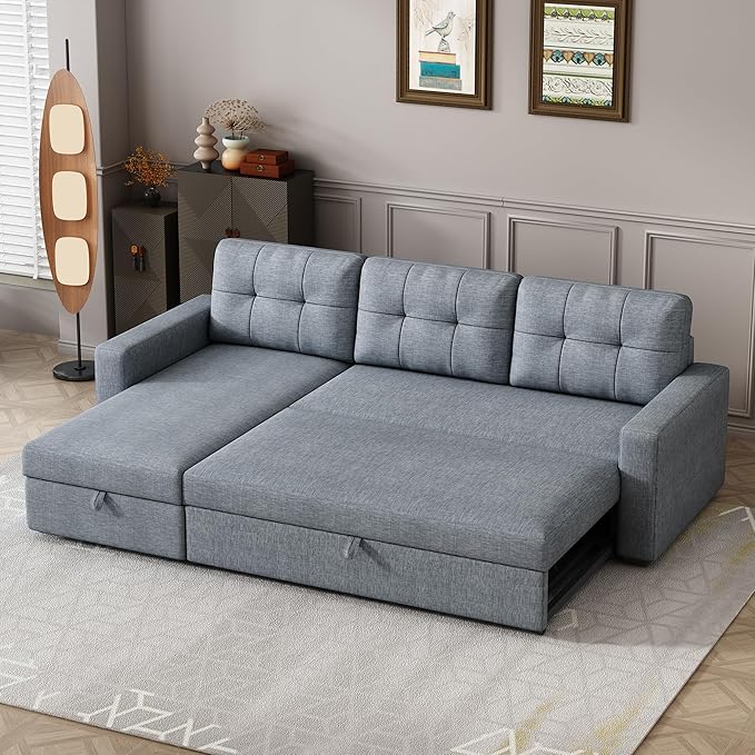 Ball & Cast L-Shape Reversible Sectional Sleeper Sofa Bed,Linen Upholstered 4 in 1 Pull Out Couch with Storage Chaise & Removable Back Cushions,Convertible Corner Sectionals for Living Room,Office
